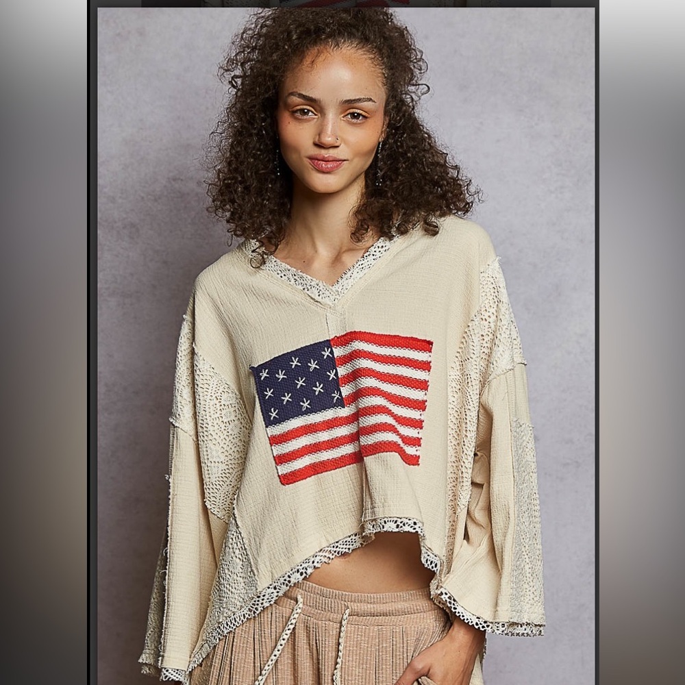 🇺🇸 POL Cream American Flag Crochet Knit Sweater - Picture 4 of 5